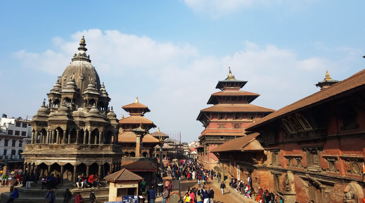 Street in city with temples along street