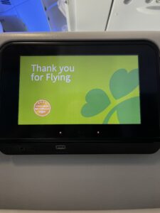 Photo of an Aer Lingus screen from my plane saying "Thank you for Flying"