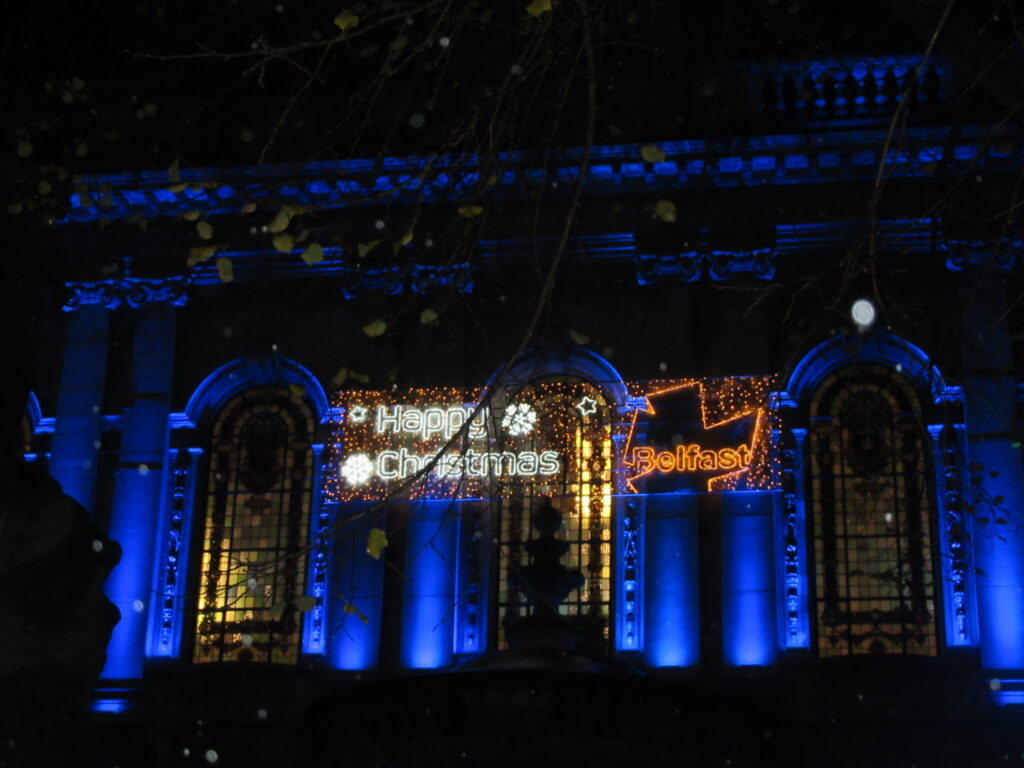 Belfast City Hall decorated with Christmas lights for the Christmas markets