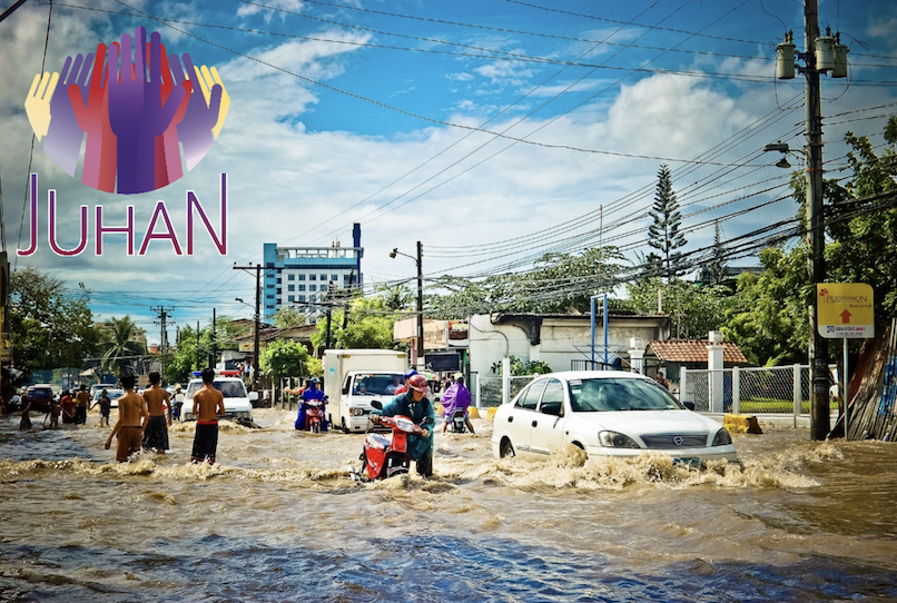 Flooded city with multiple people and cars